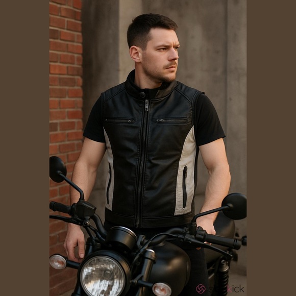 Men's Fried Denim NYC Black Faux Leather Biker Vest, Size Medium. - Picture 16 of 16